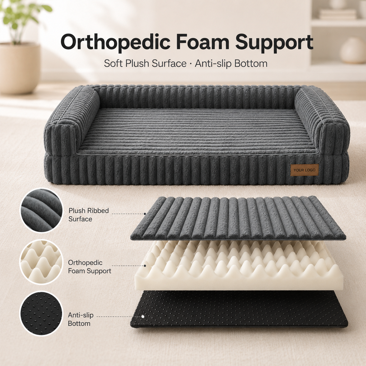 Ridged Memory Foam Dog Couch | Padded Sides & Washable Cover