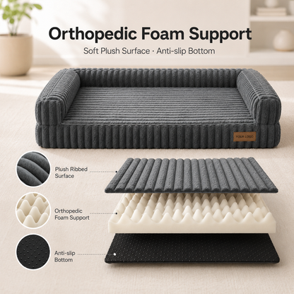 Ridged Memory Foam Dog Couch | Padded Sides & Washable Cover